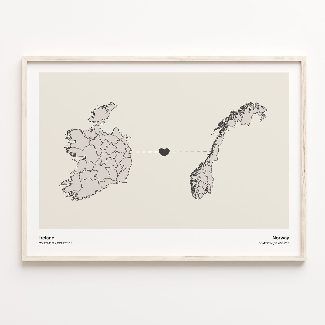 Ireland to Norway Long Distance Heart Map Minimalist Connection Poster