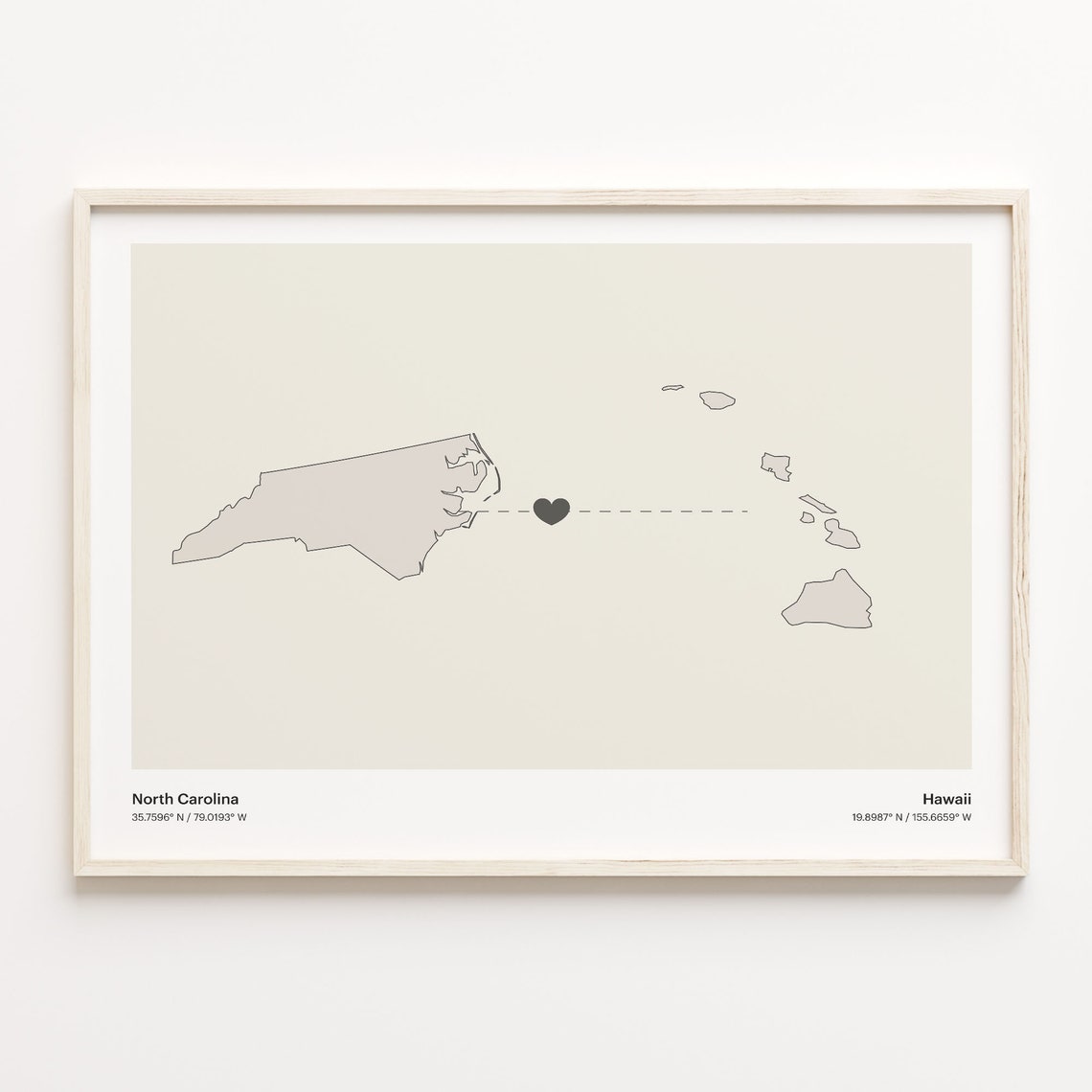 North Carolina To Hawaii Minimalist Map Heart Connection Poster