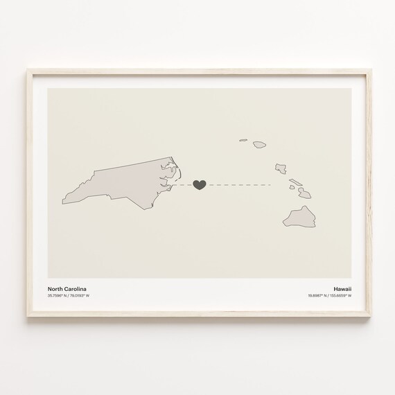 North Carolina To Hawaii Minimalist Map Heart Connection Poster