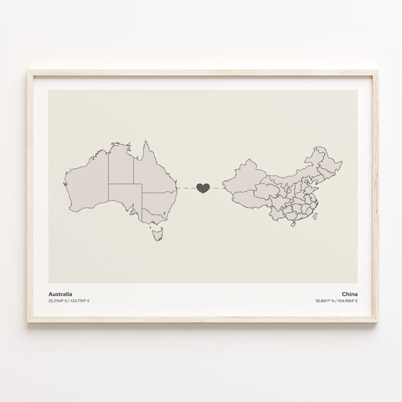Australia and China Minimalist Long Distance Heart Map Connection Poster