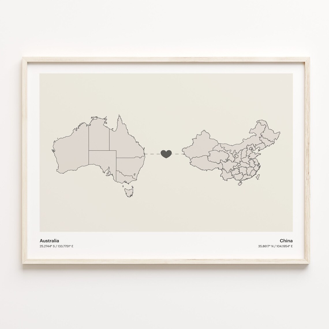 Australia and China Minimalist Long Distance Heart Map Connection Poster