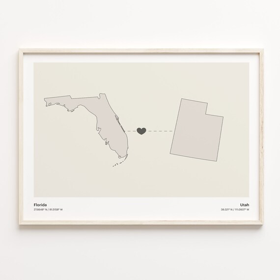Minimalist Florida Utah State Silhouette Long Distance Heart Poster