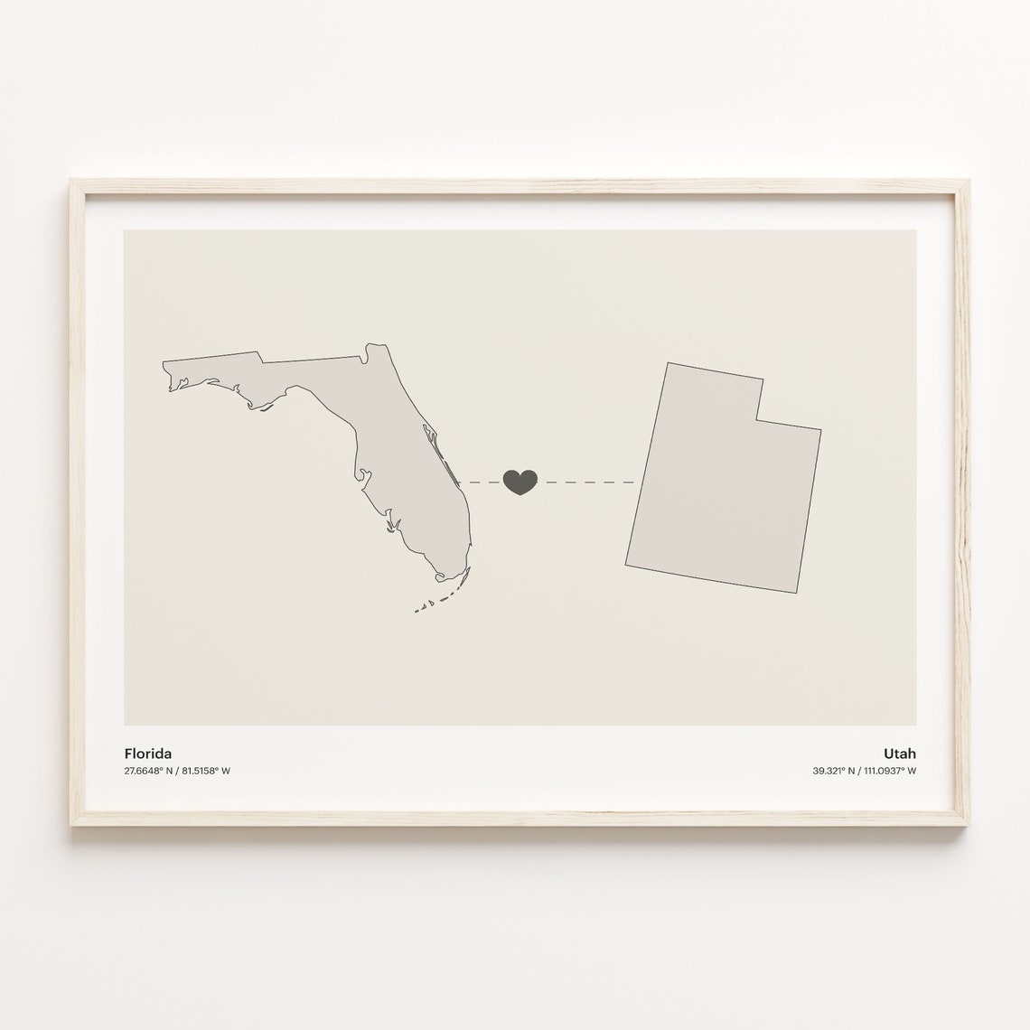 Minimalist Florida Utah State Silhouette Long Distance Heart Poster