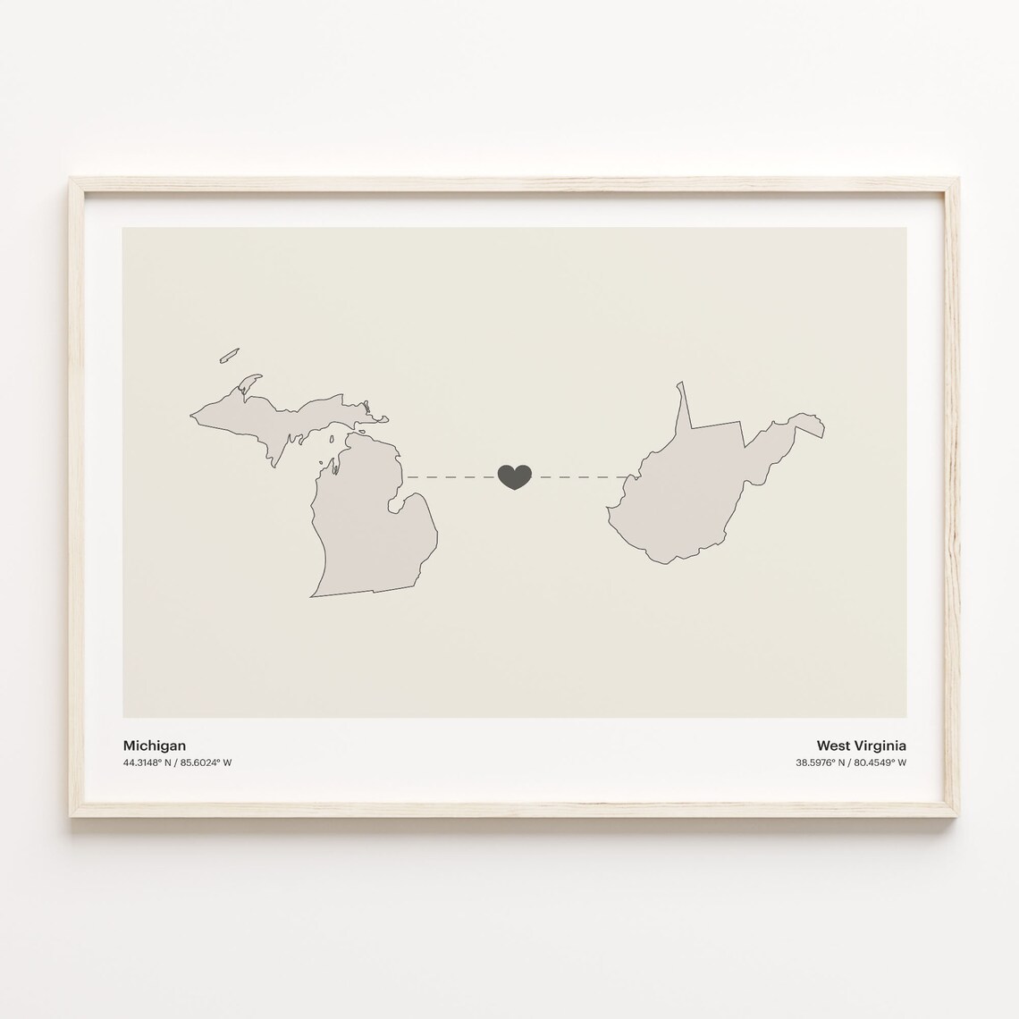 Michigan And West Virginia Long Distance Love Minimalist Heart Map Poster