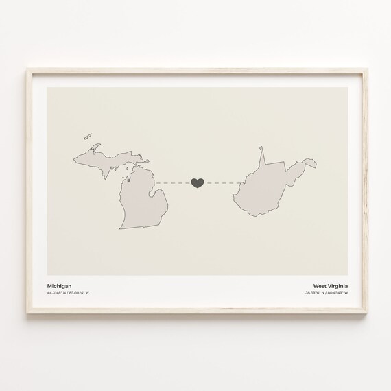 Michigan And West Virginia Long Distance Love Minimalist Heart Map Poster