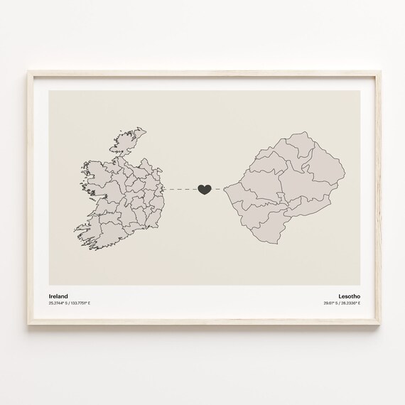 Ireland To Lesotho Heart Minimalist Country Connection Map Poster