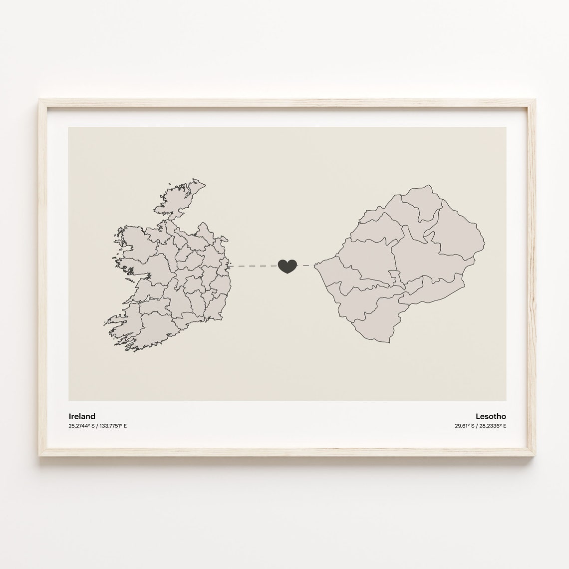 Ireland To Lesotho Heart Minimalist Country Connection Map Poster