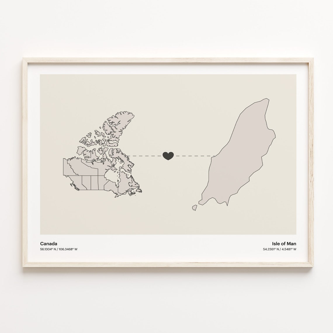 Canada Isle of Man Long Distance Heart Connection Map Poster