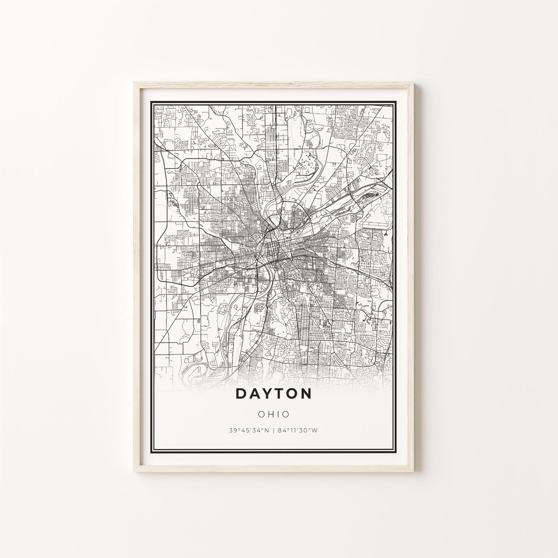 Dayton City Map Art Poster, Modern Black and White