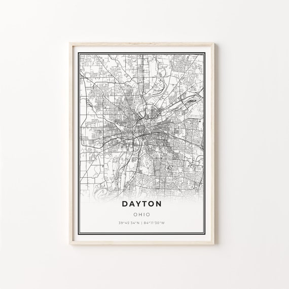 Dayton City Map Art Poster, Modern Black and White