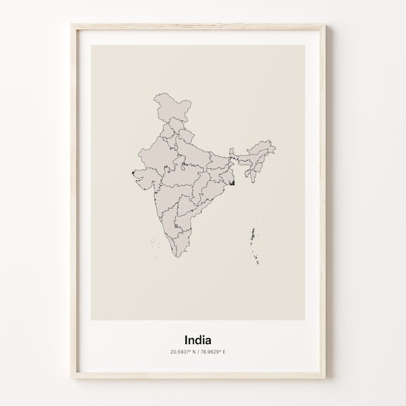 India Minimalist Country Map Line Art Travel Coordinates Gift Poster