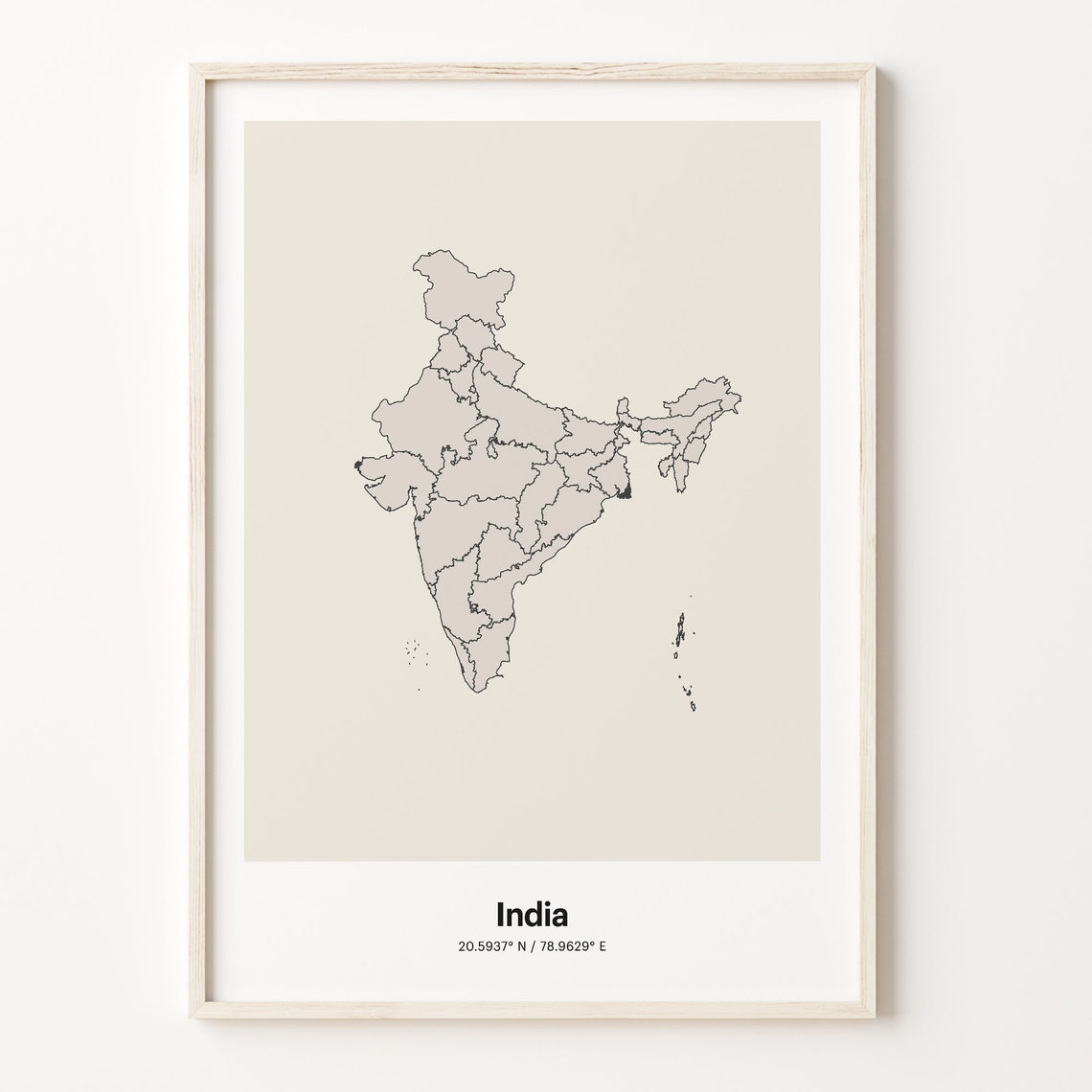 India Minimalist Country Map Line Art Travel Coordinates Gift Poster