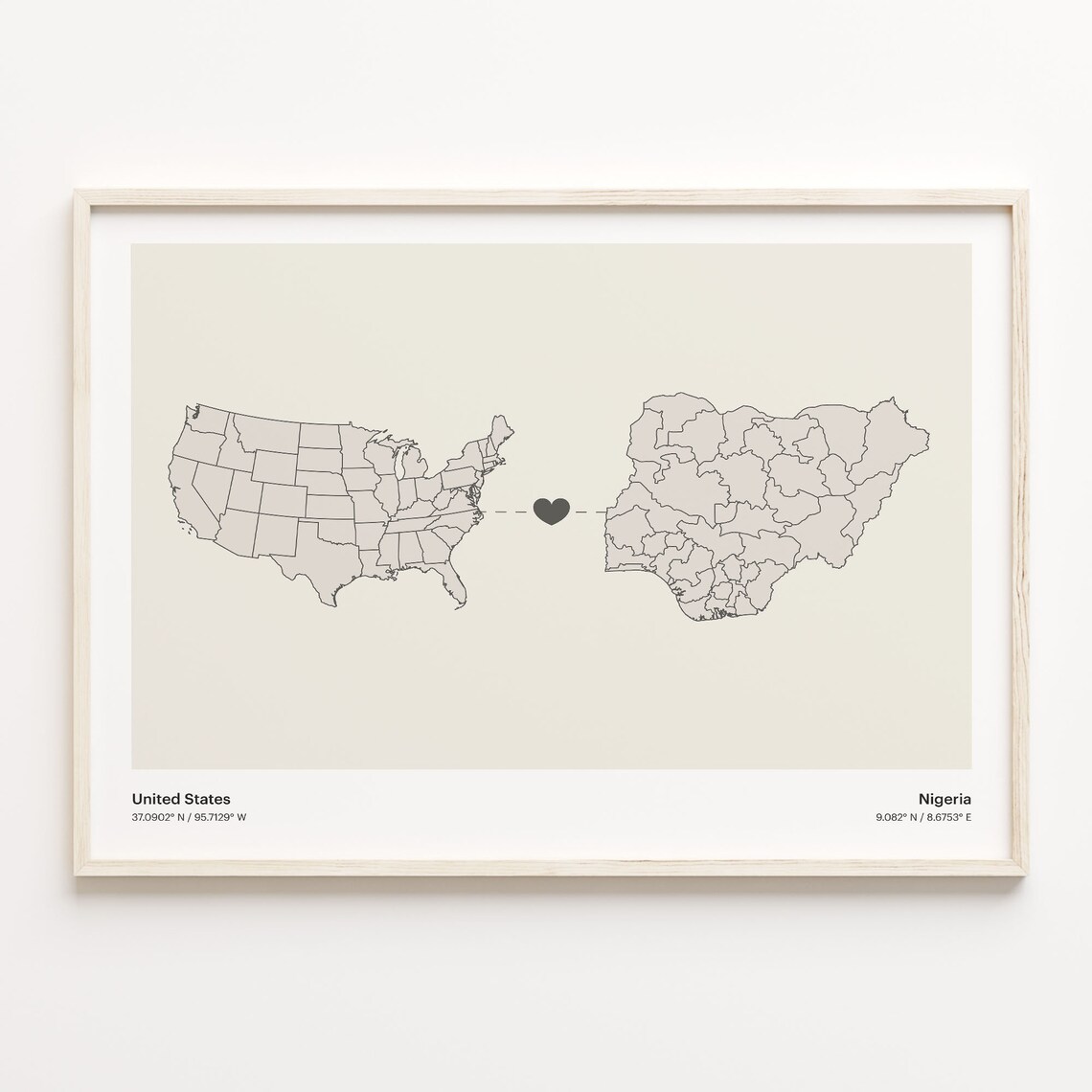 United States To Nigeria Heart Connected Places Map Art Poster