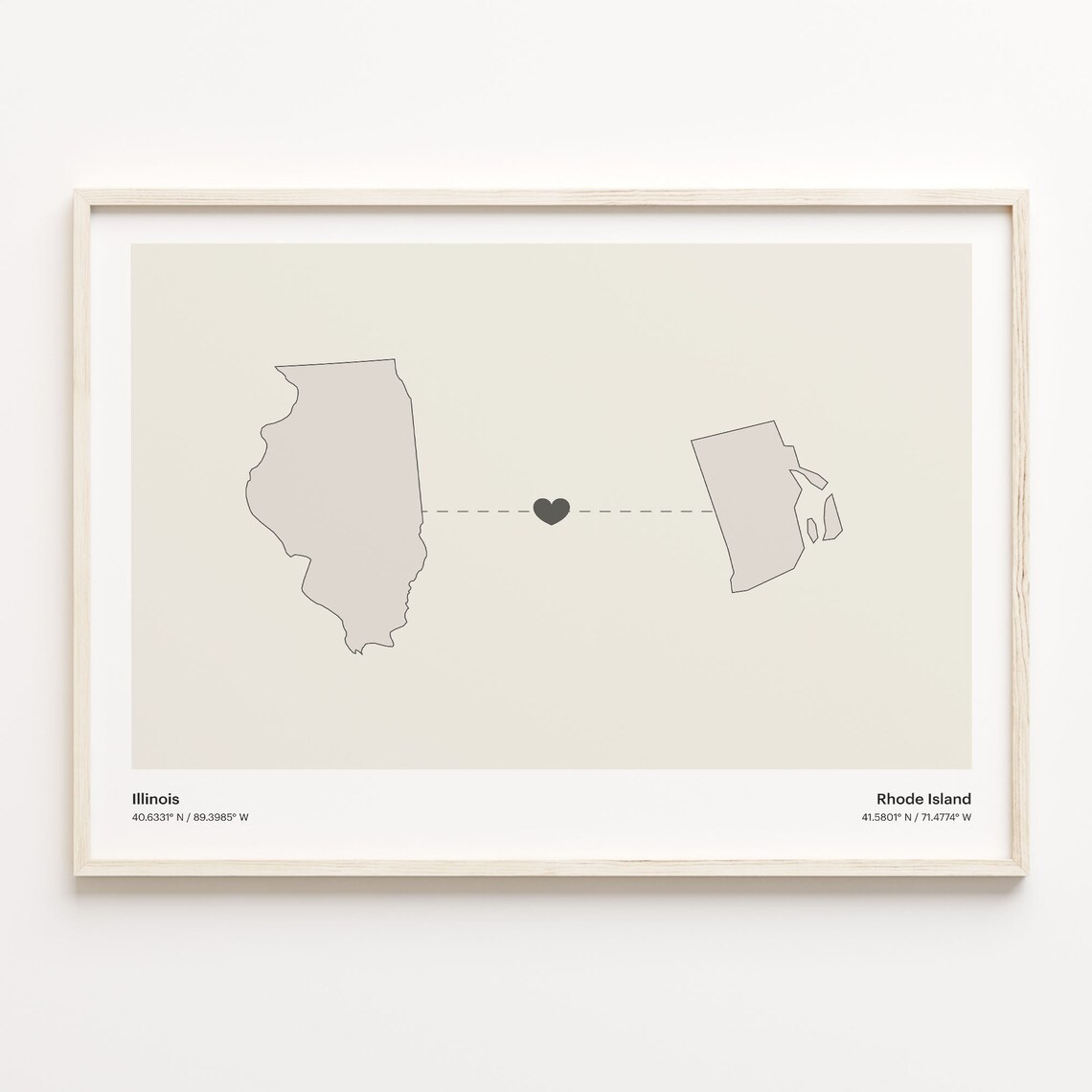 Illinois And Rhode Island Long Distance Love Minimalist Heart Map Poster
