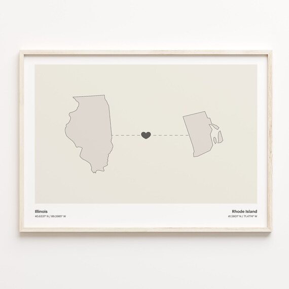 Illinois And Rhode Island Long Distance Love Minimalist Heart Map Poster