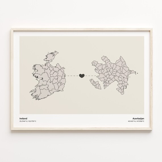 Ireland to Azerbaijan Long Distance Love Heart Connection Map Poster