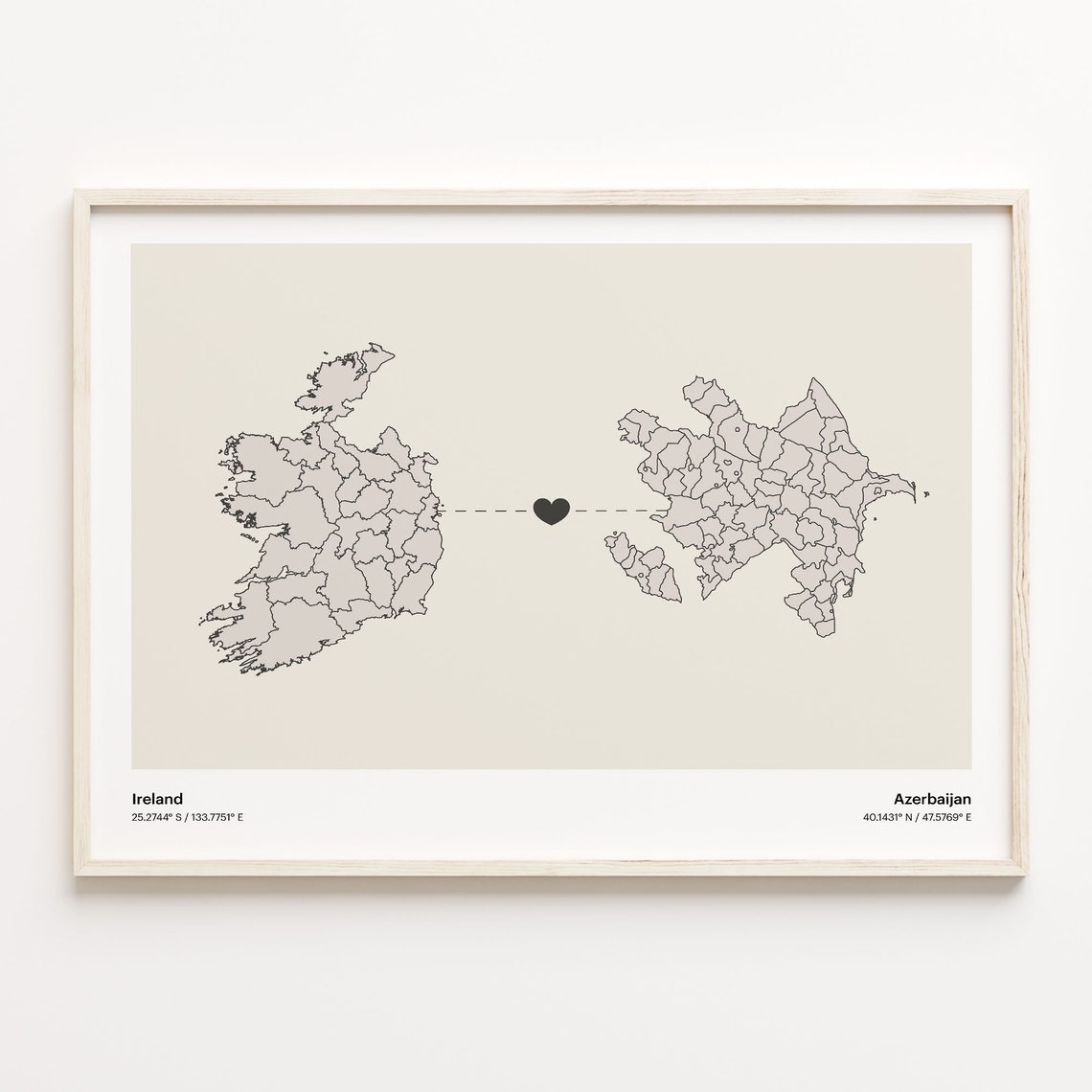 Ireland to Azerbaijan Long Distance Love Heart Connection Map Poster