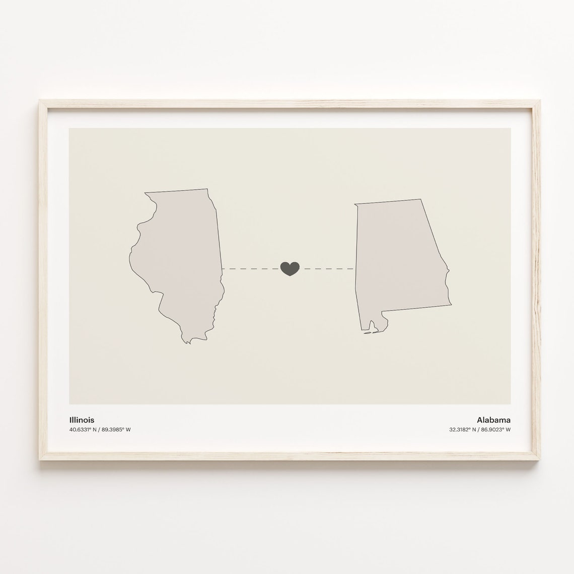 Illinois To Alabama Minimalist Heart Connection Map Gift Poster