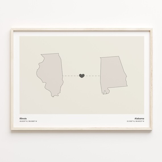 Illinois To Alabama Minimalist Heart Connection Map Gift Poster