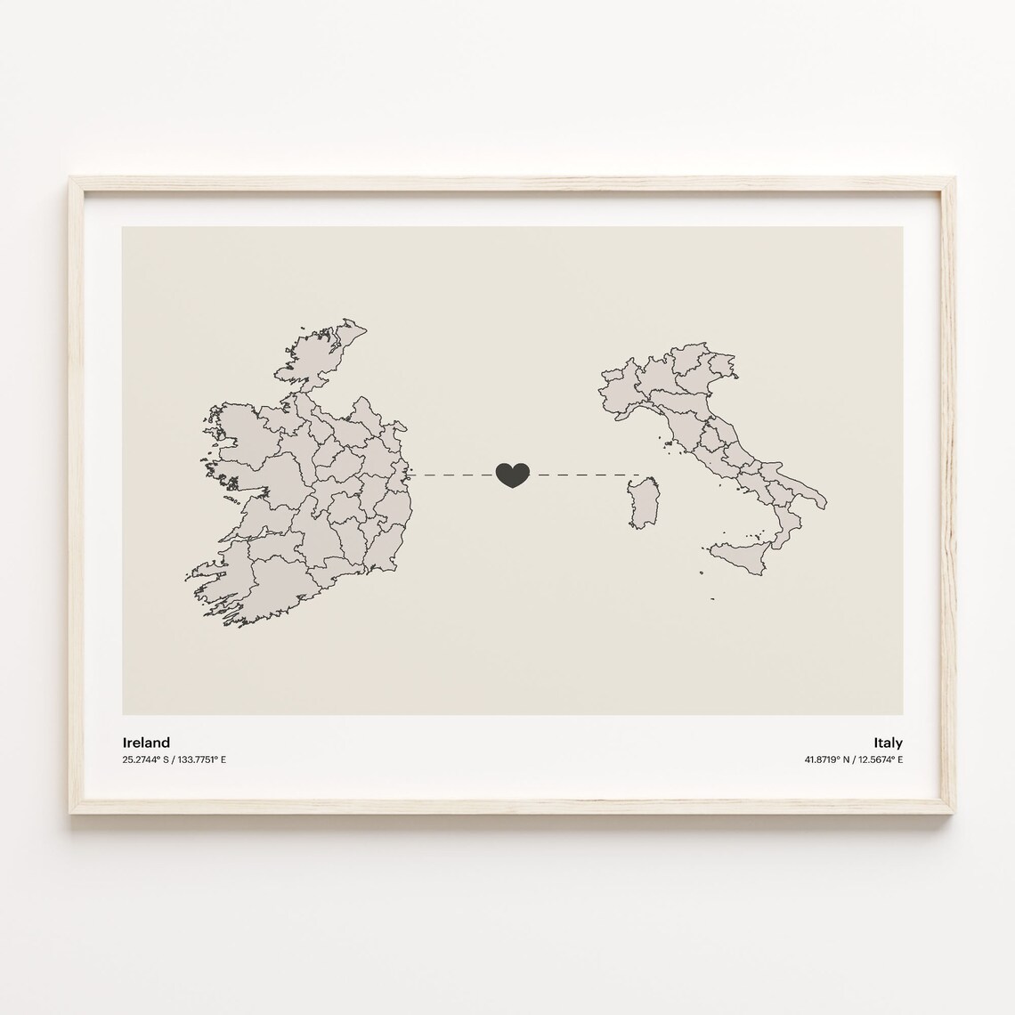 Ireland and Italy Couple Long Distance Love Heart Map Poster