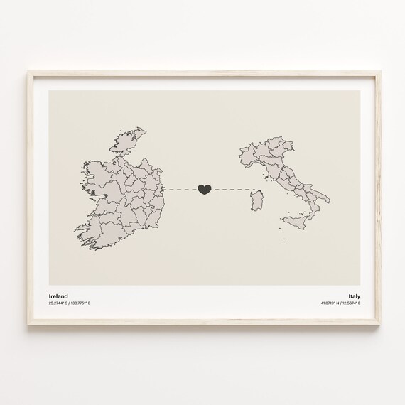 Ireland and Italy Couple Long Distance Love Heart Map Poster