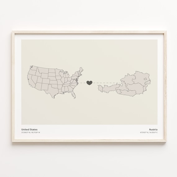 United States To Austria Long Distance Heart Map Minimalist Poster