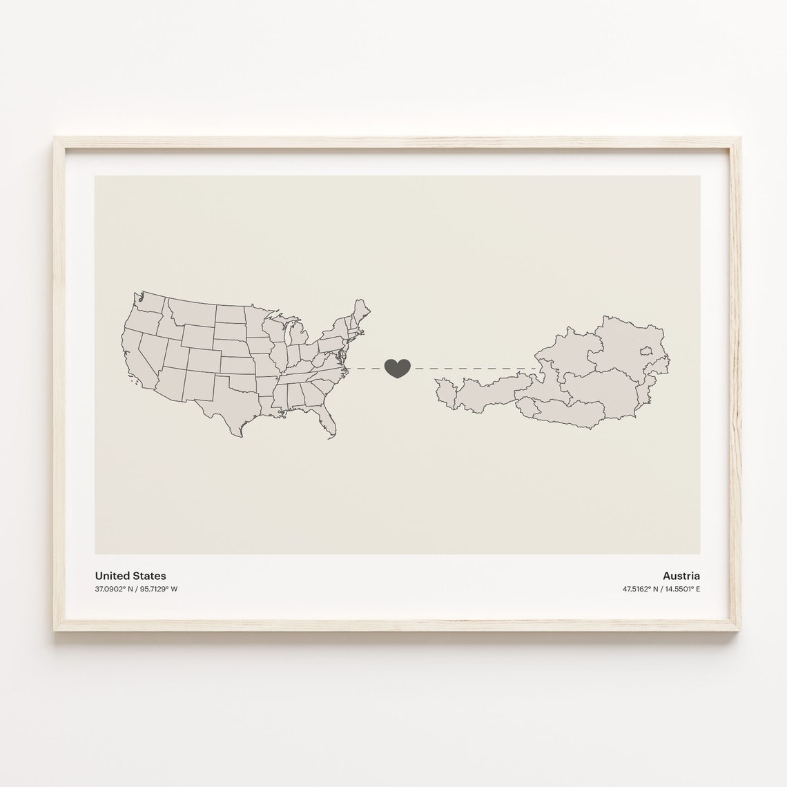 United States To Austria Long Distance Heart Map Minimalist Poster