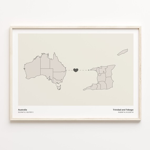 Australia To Trinidad and Tobago Heart Map Minimalist Country Connection Poster