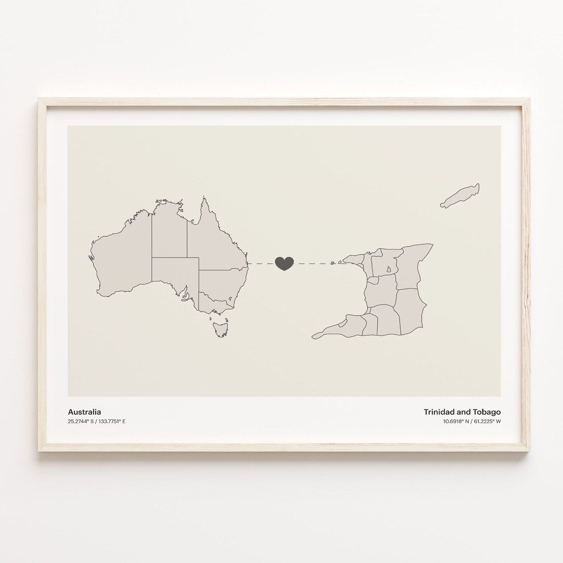Australia To Trinidad and Tobago Heart Map Minimalist Country Connection Poster