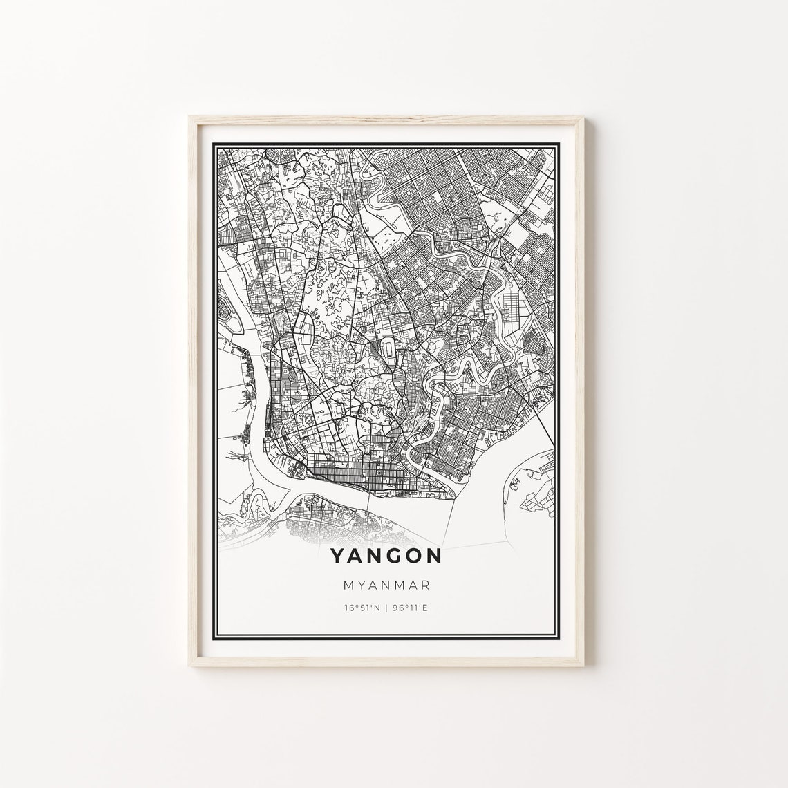 Yangon Myanmar Black White Minimalist City Street Map Art Poster