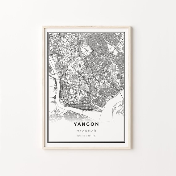 Yangon Myanmar Black White Minimalist City Street Map Art Poster