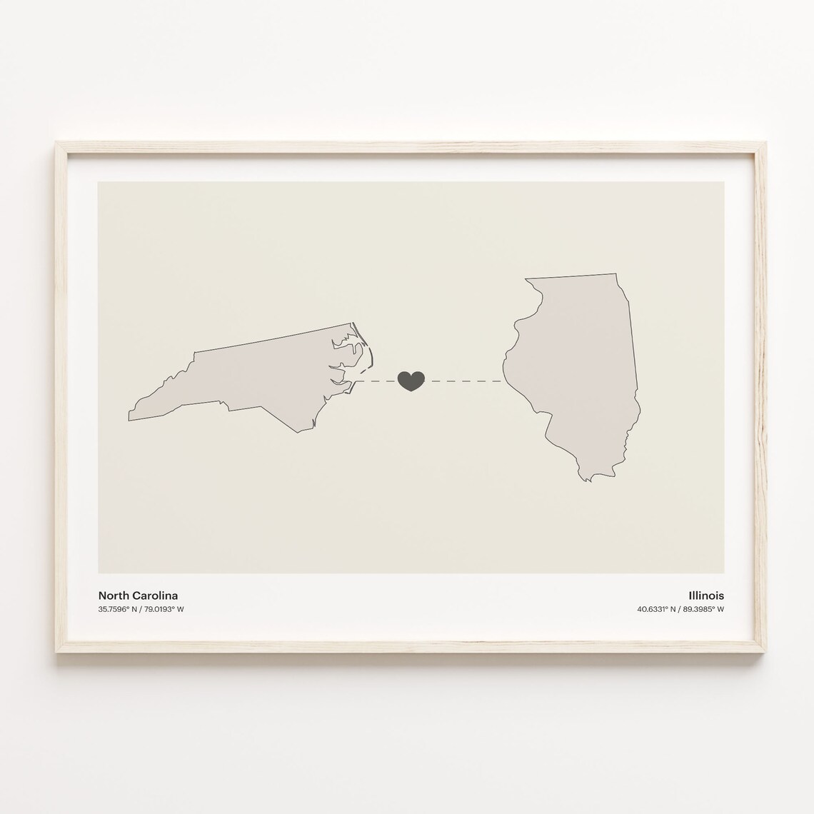 North Carolina to Illinois Long Distance Love Heart Connection Map Poster