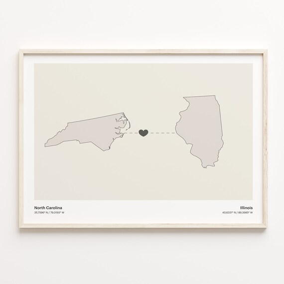 North Carolina to Illinois Long Distance Love Heart Connection Map Poster