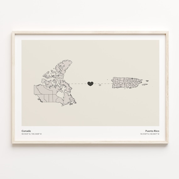 Canada Puerto Rico Long Distance Heart Connection Map Poster
