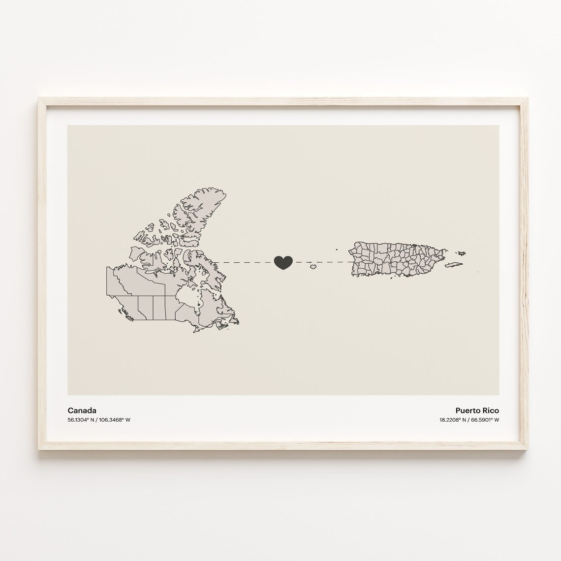 Canada Puerto Rico Long Distance Heart Connection Map Poster