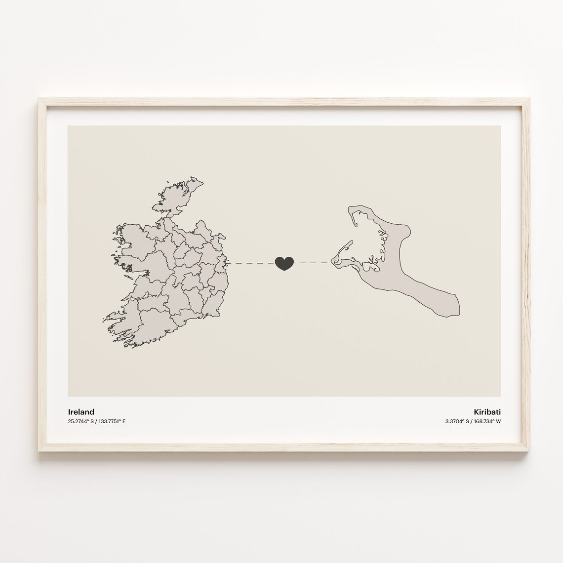 Ireland To Kiribati Minimalist Heart Map Long Distance Love Poster