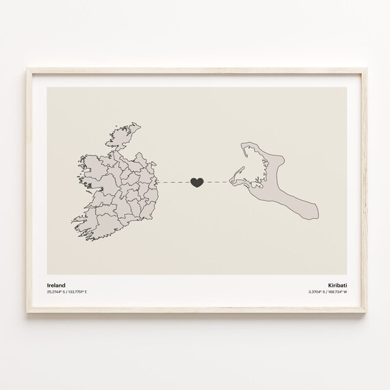 Ireland To Kiribati Minimalist Heart Map Long Distance Love Poster