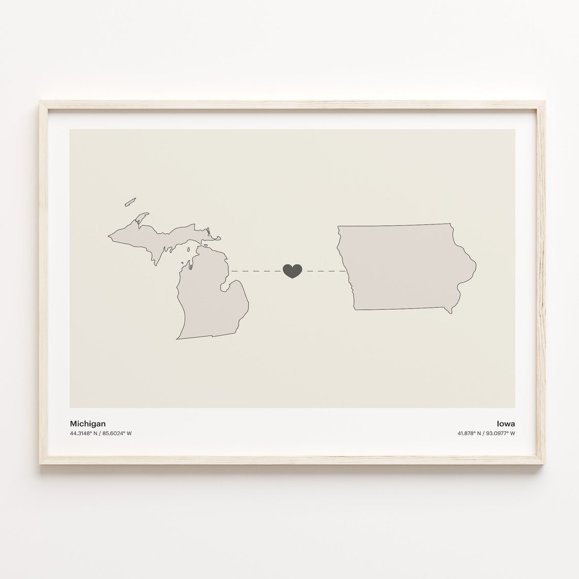 Michigan to Iowa Minimalist Long Distance Connection Map Poster