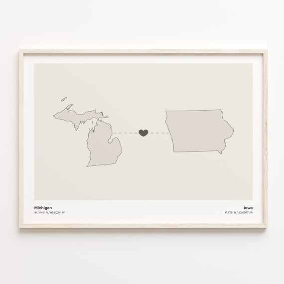 Michigan to Iowa Minimalist Long Distance Connection Map Poster