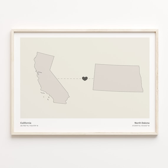 California To North Dakota Minimalist Map Heart Connection Poster