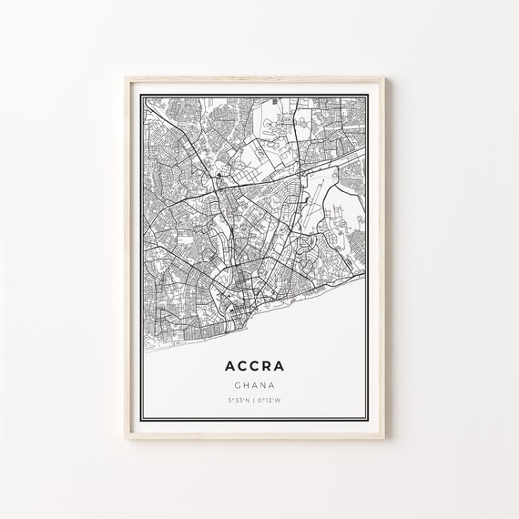 Accra Ghana Modern Minimalist Black and White City Map Poster