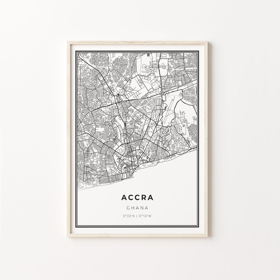 Accra Ghana Modern Minimalist Black and White City Map Poster