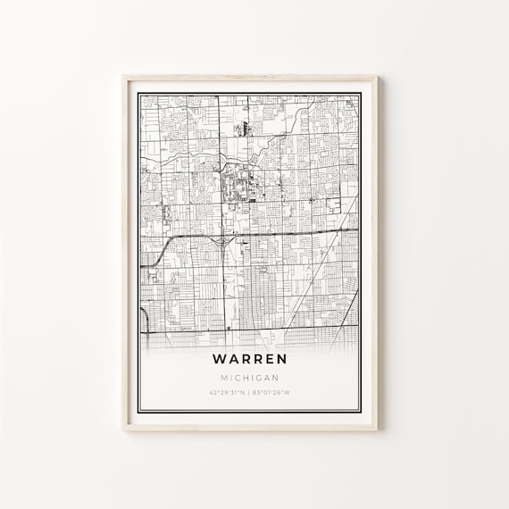 Warren Michigan City Map Black White Street Line Art Minimalist Poster
