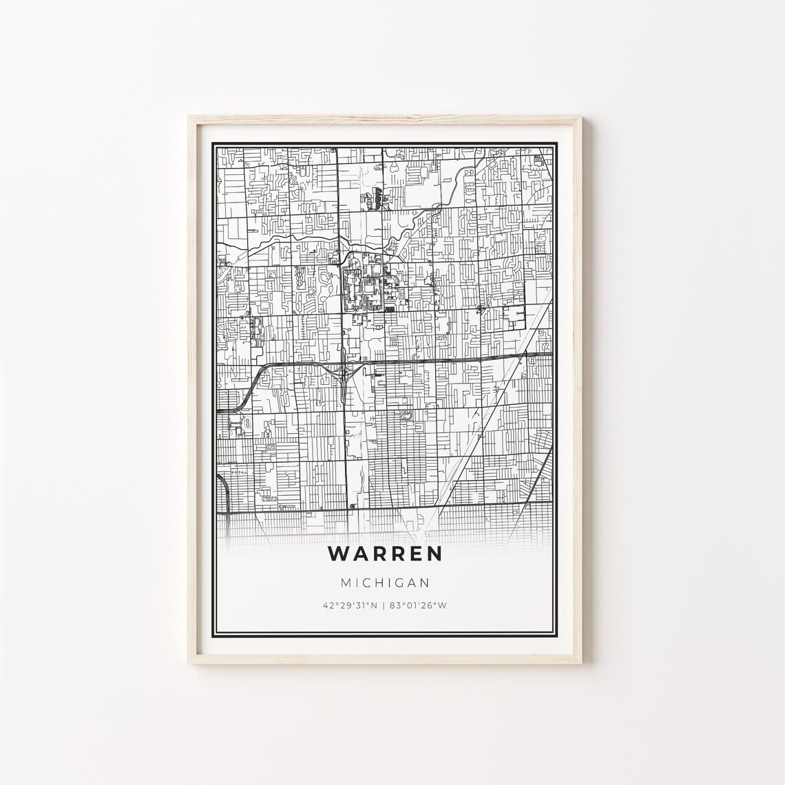 Warren Michigan City Map Black White Street Line Art Minimalist Poster
