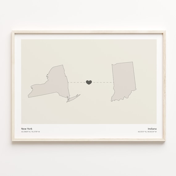 New York Indiana Long Distance Love Connection Heart Map Poster