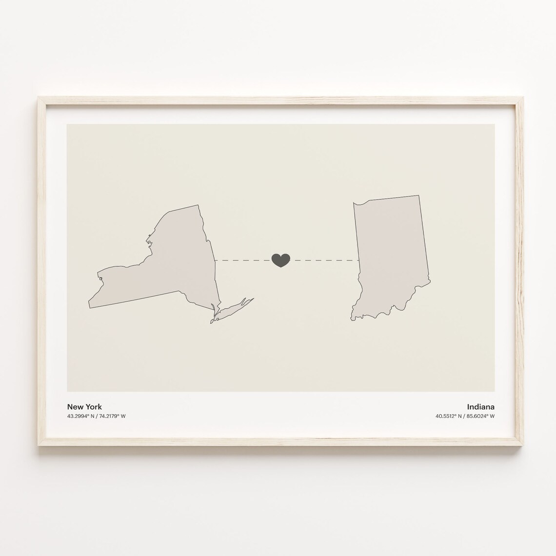 New York Indiana Long Distance Love Connection Heart Map Poster