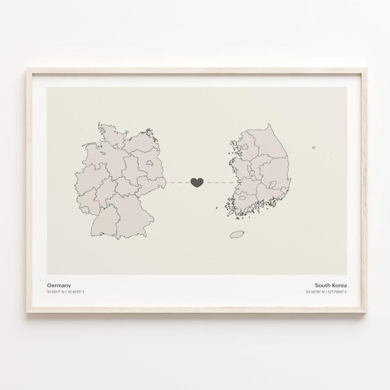 Germany South Korea Long Distance Heart Connection Map Poster