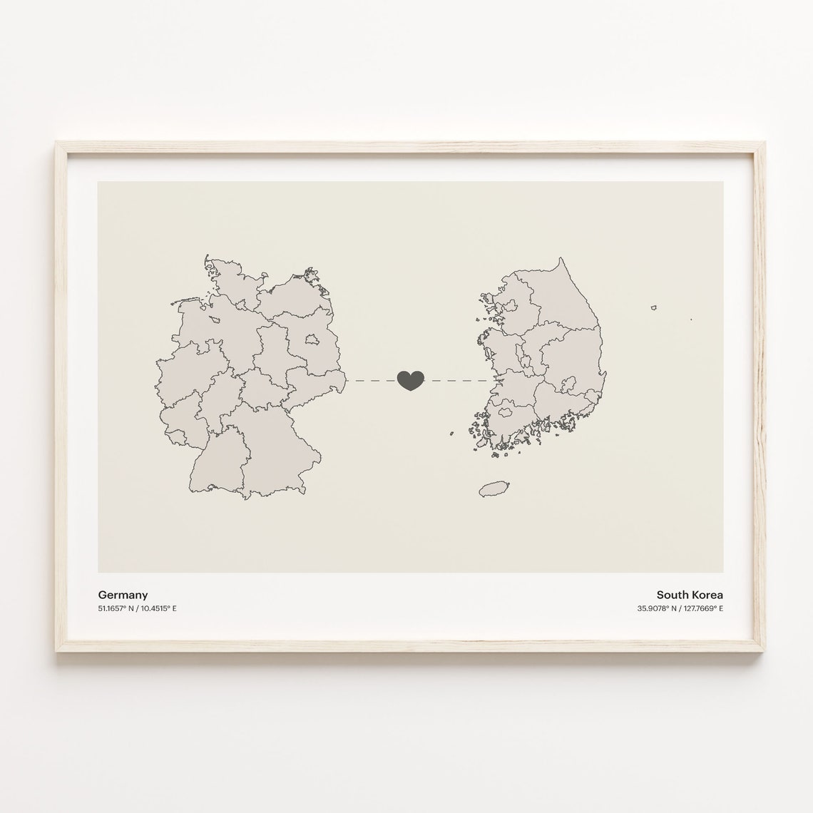 Germany South Korea Long Distance Heart Connection Map Poster