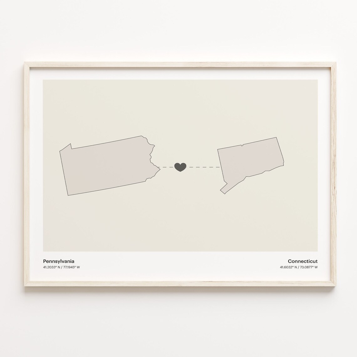 Pennsylvania to Connecticut Long Distance Heart Map Minimalist Connection Poster