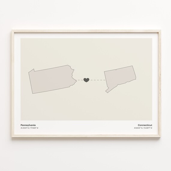 Pennsylvania to Connecticut Long Distance Heart Map Minimalist Connection Poster